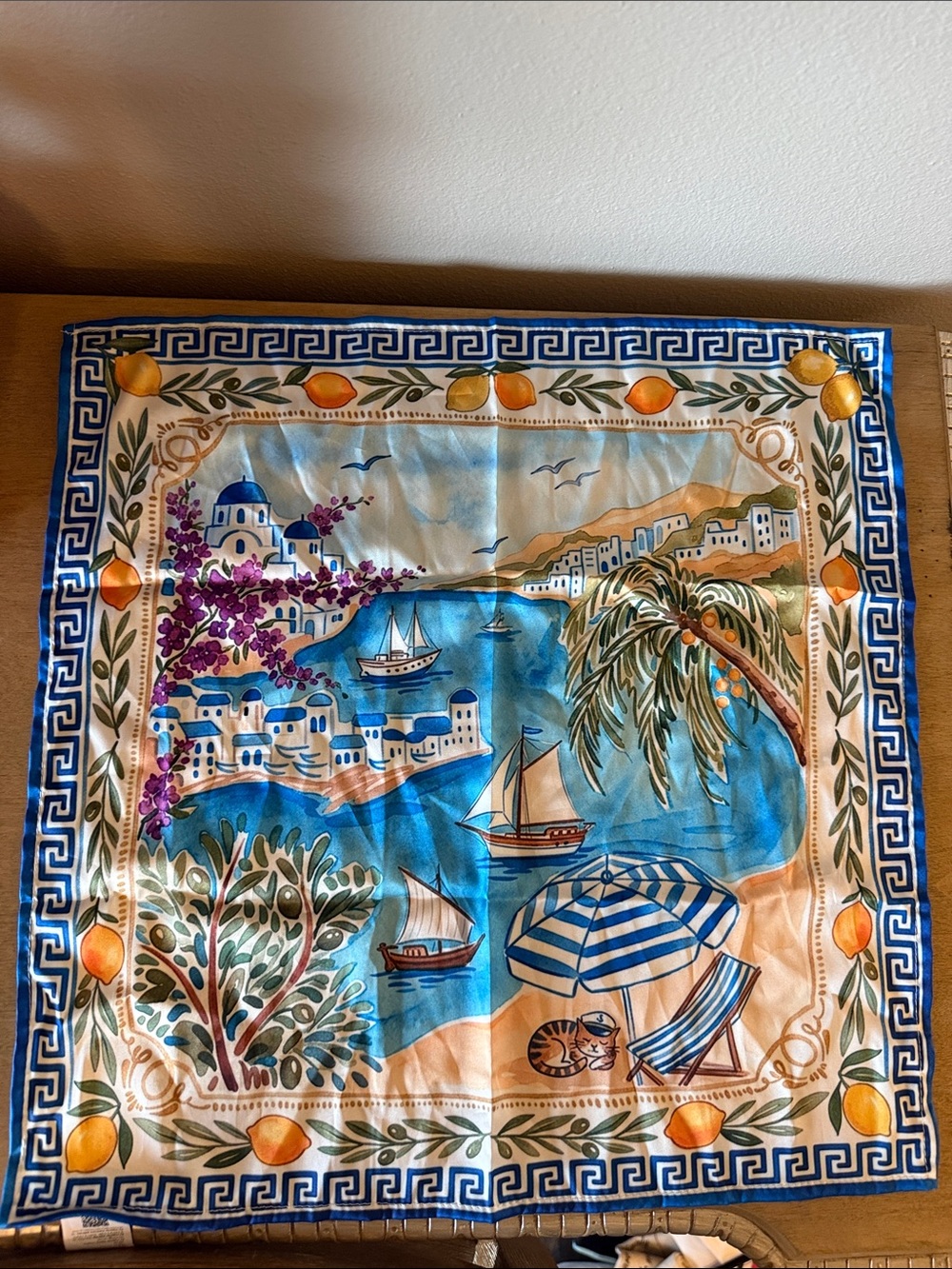 ✨ Mediterranean Coastal Scenic Print Square Scarf | Greek Isle Lemon Bandana
